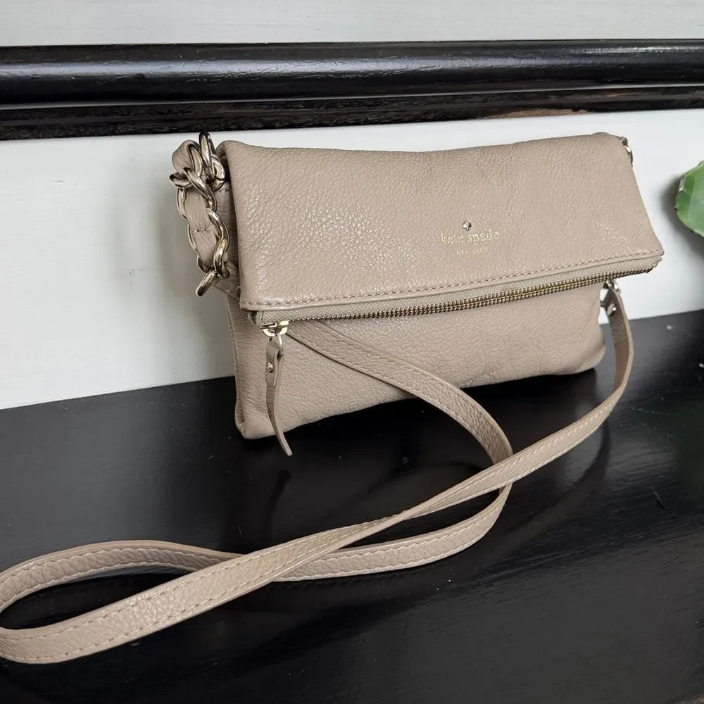 Kate Spade genuine leather taupe foldover crossbody shoulder purse bag neutral